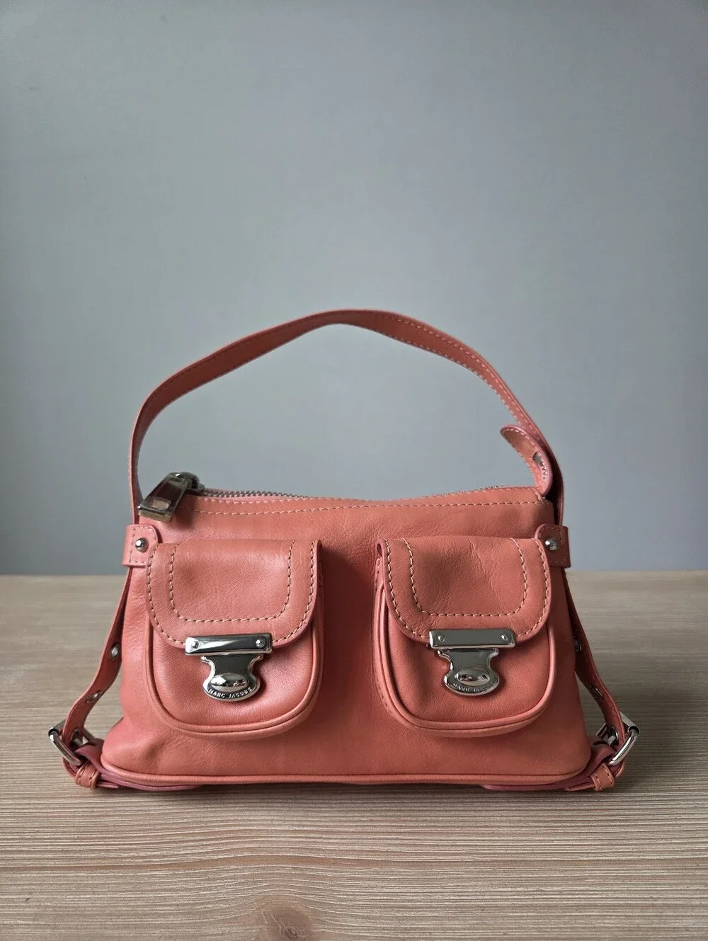 Vintage Y2K Marc Jacobs Coral Pink Leather Shoulder Bag Cargo Pocket Hobo Purse